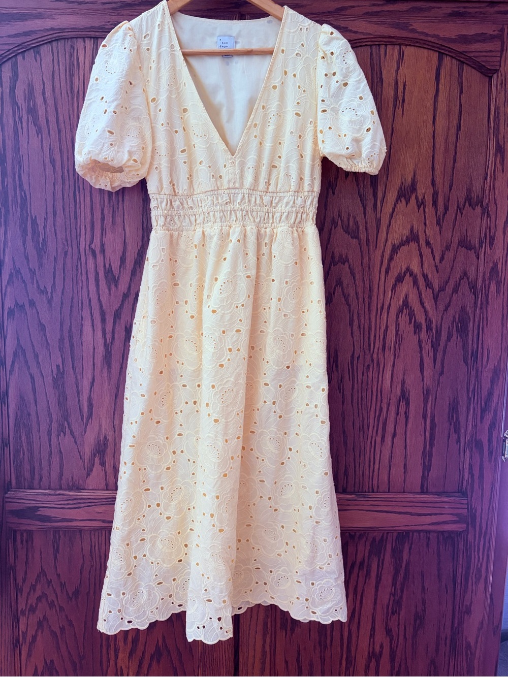 a new day butter Yellow Eyelet V-Neck Puff Sleeve Midi Dress